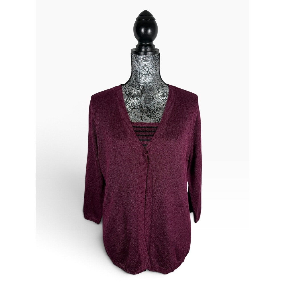 Sag Harbor L Burgundy Cardigan Sweater Striped Layered Look V Neck Button Front